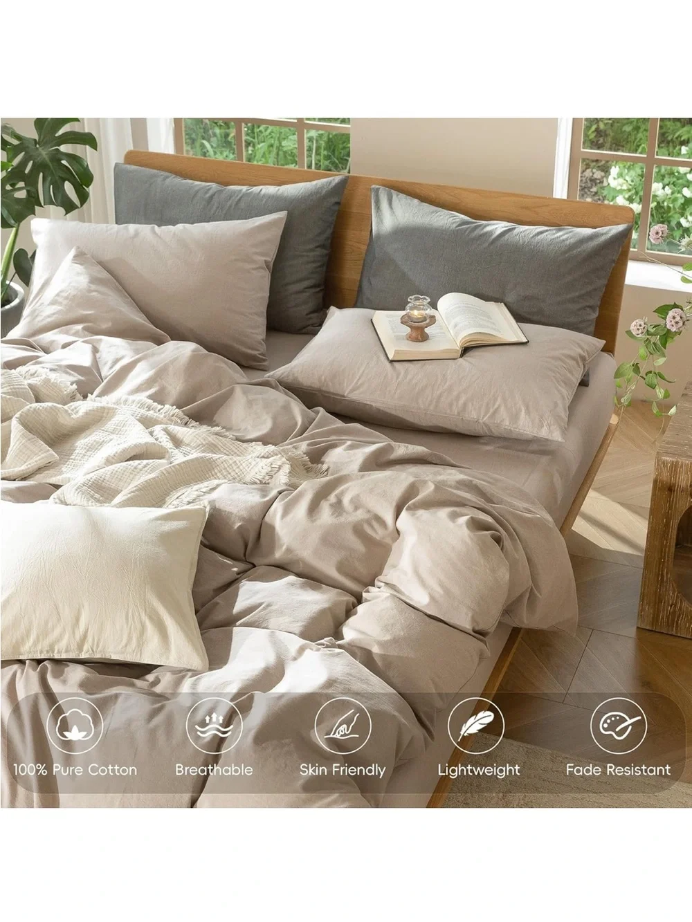 NEW MooMee Bedding Duvet Cover Set 100% Washed Cotton Linen Like. Taupe, Queen.
